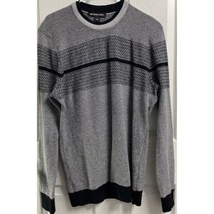 Michael Kors‎ Mens Black& White Striped Gray Wool Pullover Knit Sweater Sz.L